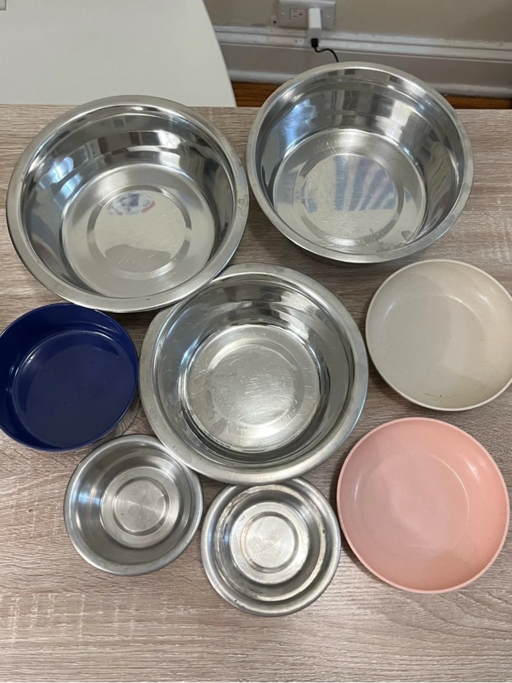 8 Stainless Steel miscellaneous pet dog cat bowls catch all bundle set chrome
